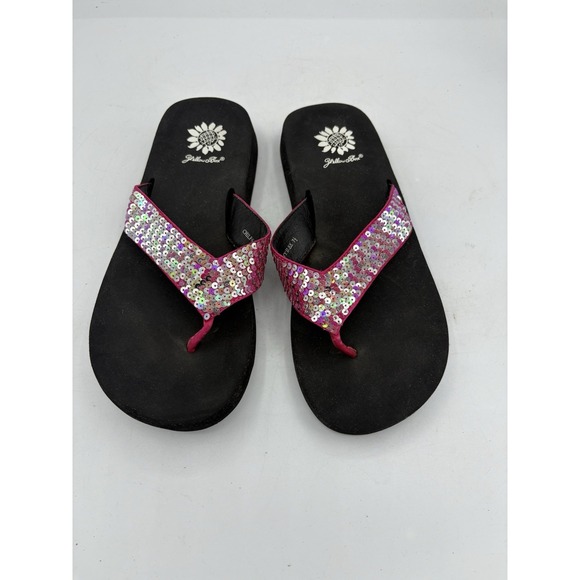 Yellow‎ Box Sandals Womens Size 7.5 Chiles Sequin Pink Bla Thong Slide Flip Flop - Picture 3 of 8